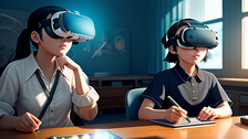 Die Abbildung zeigt eine KI-generierte Graphik. Im Vordergrund sitzen zwei Kinder mit VR-Brillen an einem Schreibtisch, beide haben ein Tablet vor sich liegen. Im Hintergrund ist ein Klassenzimmer abgebildet. 