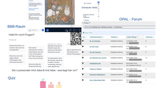 Collage aus 4 Screenshots. Die ersten beiden Screenshots, oben mittig und links angeordnet, zeigen eine Videokonferenz. Daneben steht "BBB-Raum". Der Screenshot auf der linken Seite ist mit "OPAL-Forum" beschriftet und zeigt 8 Forumseinträge auf OPAL. Der Screenshot am unteren Abbildungsrand ist mit "Quiz" beschriftet und zeigt ein Balkendiagramm. Drei der 4 Balken sind mit einem roten Kreuz gekennzeichnet, der 4. und größte Balken mit einem grünen Häkchen. 