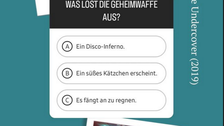 3 Bildkästchen auf petrolfarbenem Hintergrund untereinander gereiht. Oben ist ein Filmausschnitt aus einem Animationsfilm abgebildet, der eine Hand mit Feuerzeug zeigt. Unten das Filmcover von "Spione Undercover". In der Mitte steht die Frage: "Was löst die Geheimwaffe aus? a) ein Disko-Inferno b) ein süßes Kätzchen erscheint c) Es fängt an zu regnen"