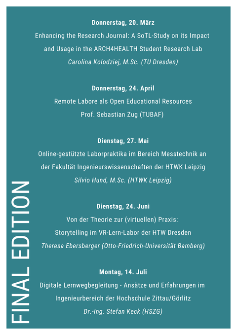 Programm Werkstatt- und Laborpause. Weiße Schrift auf petrolblauem Hintergrund. Unter dem Bild ist das Programm noch einmal barrierefrei in html aufgeführt.