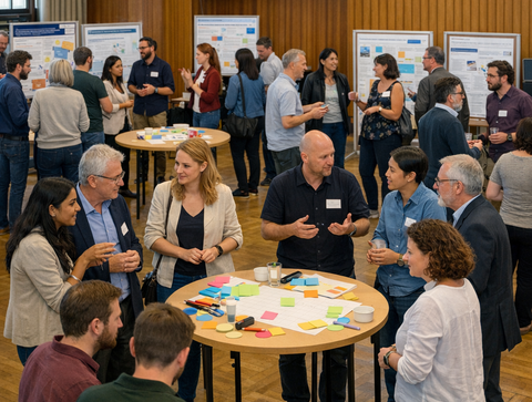 Illustration of a community event: people exchange ideas in front of poster walls showcasing projects and concepts.