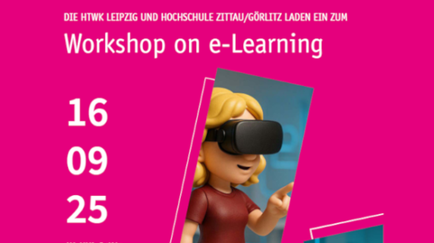Poster: Workshop on e-Learning am 16.09.25 an der HTWK Leipzig, generiertes Bild einer Frau mit VR-Brille