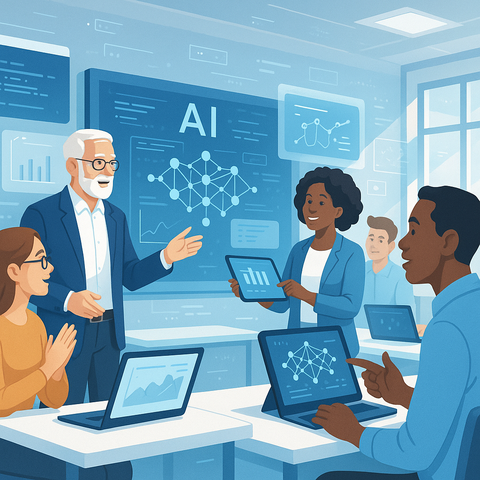A group of people in a modern classroom learning about artificial intelligence. An older instructor is explaining something on a large screen labeled “AI.” Students use laptops and tablets to view data and charts.