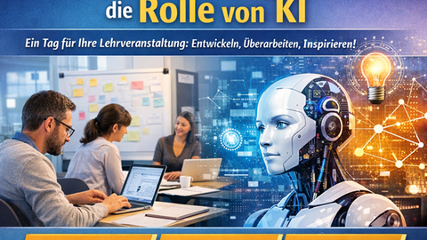 A teaching-planning scene with three people working with laptops is juxtaposed with a humanoid robot representing artificial intelligence. Digital networks and a glowing light bulb appear in the background.