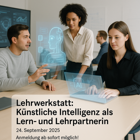Three young adults are working together at a table using futuristic holographic user interfaces related to artificial intelligence. A woman types on a transparent laptop display labeled "AI".