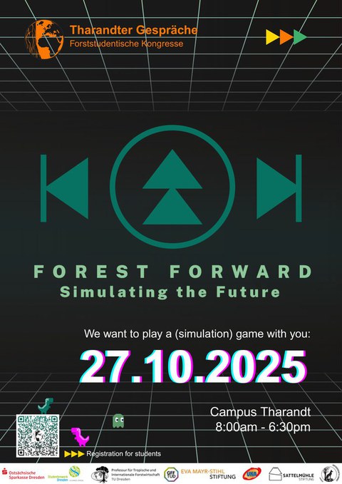 Poster for “Tharandter Gespräche – Forestry Student Congresses” titled Forest Forward – Simulating the Future. The design resembles a computer game with green symbols and a grid background. The date 27.10.2025 is prominently displayed.