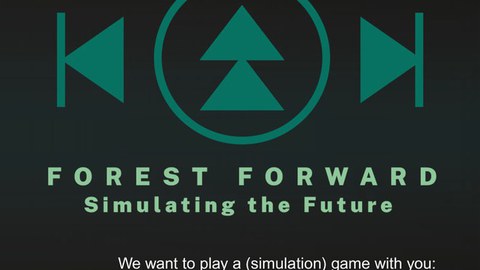 Plakat der „Tharandter Gespräche – Forststudentische Kongresse“ mit dem Titel Forest Forward – Simulating the Future. Das Design erinnert an ein Computerspiel mit grünen Symbolen und einem Rasterhintergrund. Der Termin 27.10.2025 ist groß hervorgehoben.