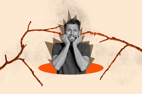  A worried man nervously bites his fingernails, surrounded by thorny branches. The image combines black-and-white with orange accents, conveying tension and anxiety.