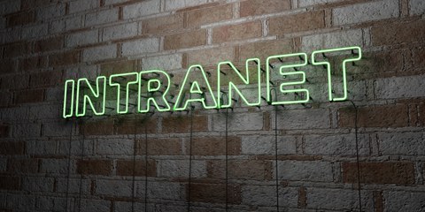Leuchtschriftzug „INTRANET“ in grüner Neon-Schrift an einer Backsteinwand.