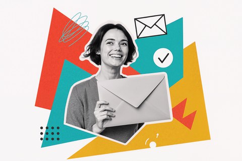 A woman is holding a letter in her hand. In the background, there are colorful shapes and digital icons.