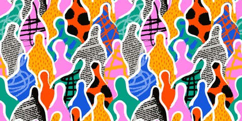 Bunte abstrakte Illustration mit stilisierten menschlichen Silhouetten in verschiedenen Farben und Mustern, die dicht aneinandergereiht sind.