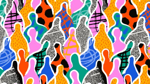 Bunte abstrakte Illustration mit stilisierten menschlichen Silhouetten in verschiedenen Farben und Mustern, die dicht aneinandergereiht sind.