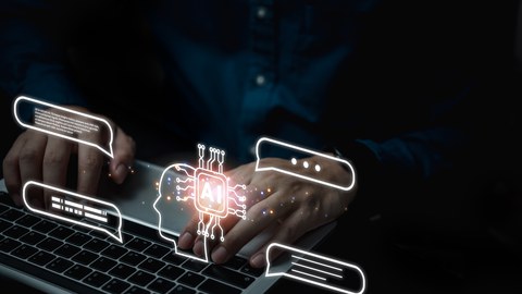 Hände tippen auf einer Laptop-Tastatur, während darüber digitale Symbole wie ein AI‑Chip in einem Kopf‑Umriss und mehrere leuchtende Chatblasen schweben.