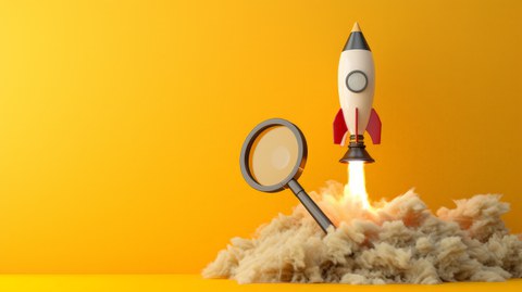 Rocket launch with smoke cloud, next to a large magnifying glass on a yellow background.