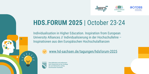 Graphic for the HDS.FORUM 2025, taking place on October 23–24. Title: “Individualisation in Higher Education – Inspiration from European University Alliances”. On the left, colorful abstract illustrations of a head with geometric shapes, below a lightbulb