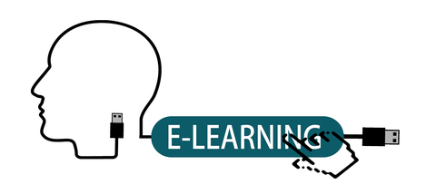 Graphic illustration of a head connected via a USB cable to the text “E-LEARNING.” The cable ends in a hand holding a USB plug.