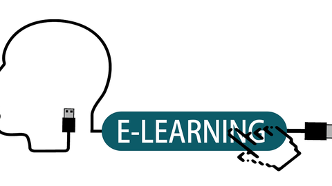 Grafische Darstellung eines Kopfes, der über ein USB-Kabel mit dem Schriftzug „E-LEARNING“ verbunden ist. Das Kabel endet in einer Hand mit einem USB-Stecker.