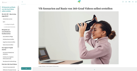 Dargestellt sind stilisierte Symbole für Virtual Reality (VR), Augmented Reality (AR) und Extended Reality (XR). Das VR-Headset ist zentral platziert, daneben befinden sich weitere abstrahierte Symbole für digitale Anwendungen.