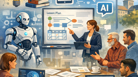Illustration of a teaching workshop: instructors collaborate around a table and online to develop a course using artificial intelligence. A screen shows a “Lesson Plan,” and a humanoid robot symbolizes AI.