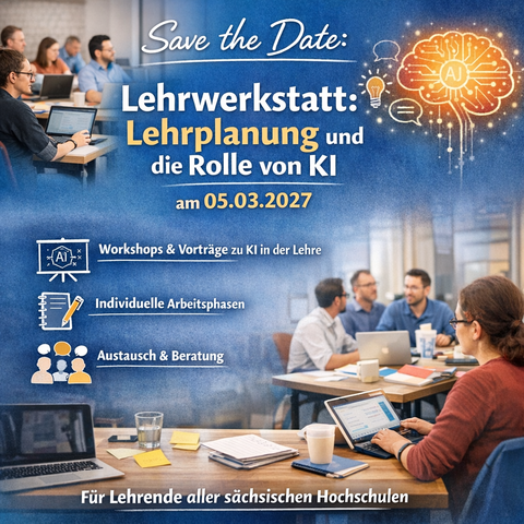 Grafik mit Ankündigungstext für ein offenes Weiterbildungsformat für Lehrende an sächsischen Hochschulen.