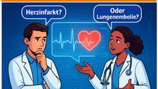 Illustration for “Digital Emergency Cardiology”: Two doctors discuss a diagnosis using an ECG (“Heart attack?” or “Pulmonary embolism?”). The image promotes interactive cardiology emergency scenarios in TU Dresden’s e-learning program.