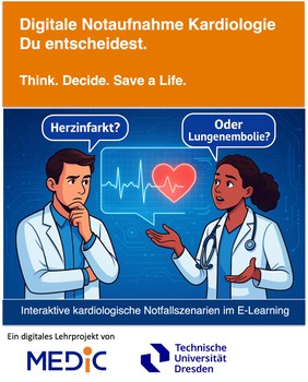 Illustration for “Digital Emergency Cardiology”: Two doctors discuss a diagnosis using an ECG (“Heart attack?” or “Pulmonary embolism?”). The image promotes interactive cardiology emergency scenarios in TU Dresden’s e-learning program.