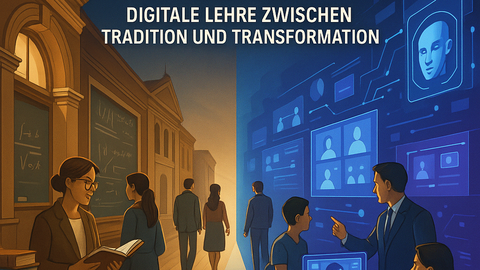 Menschen arbeiten in einer Bibliothek auf der linken Seite und mehrere Personen arbeiten mit Computern auf der rechten Bildseite. 