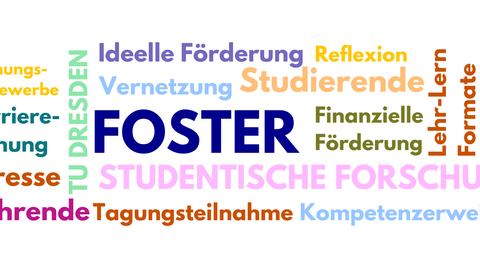 The image shows a sequence of different words in the form of a word cloud. Among others, the words FOSTER, teachers, students and student research can be read.