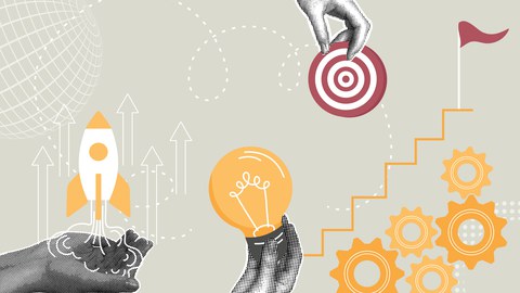 Eine abstrakte Collage mit Symbolen für Innovation, Zielsetzung und Fortschritt. Eine gezeichnete Hand hält eine leuchtende Glühbirne, eine andere Hand platziert eine Zielscheibe. Eine Rakete startet, Zahnräder drehen sich.
