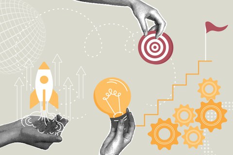 An abstract collage featuring symbols of innovation, goal setting, and progress. A drawn hand holds a glowing light bulb, another hand places a target. A rocket is launching, gears are turning, and a staircase leads to a red flag.