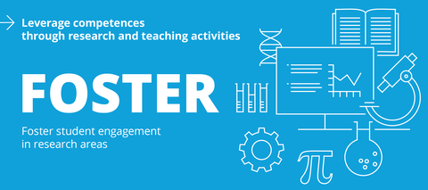 Sky-blue banner with white symbols: DNA strand, microscope, open book, screen with diagram, three test tubes, gear, pi symbol, chemistry flask. Text on the left: “Competence development through research and teaching activities.”