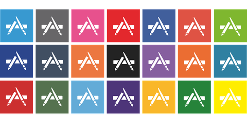 The picture shows 21 colorful boxes in which pen and paper are symbolically represented.