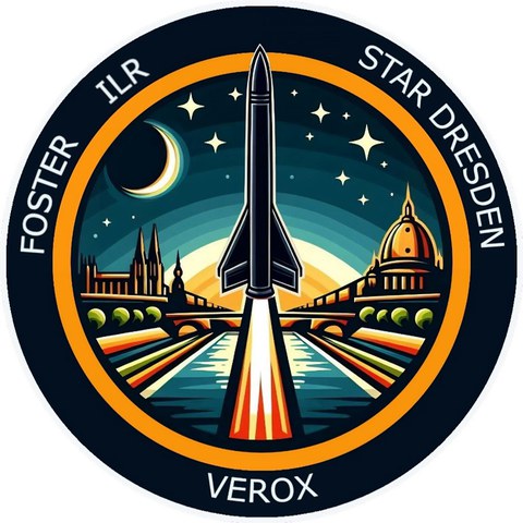 A round black logo with the silhouette of a city in the background and a rocket launching in the foreground.