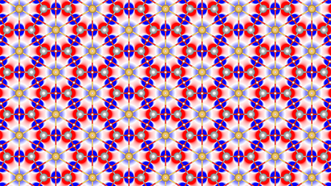 This image displays a repeating pattern of red, blue, and gray elements on a white background. The elements are symmetrically arranged and appear connected at the nodes of a grid, with golden circles serving as the nodes. The red and blue patterned areas resemble flower or propeller shapes and alternate across the design.