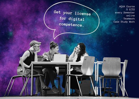 Bild mit drei Studierende, die an einem Tisch sitzen und gemeinsam arbeiten und einer Sprechblase über ihnen, welche sagt "Get your license for digital competence." mit weiteren Infos zum Kurs an der Ecke des Bildes