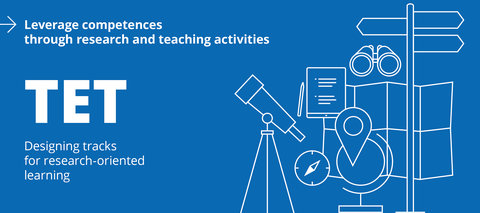 Blue banner with white symbols: telescope, compass, location marker, map, binoculars, signpost, notepad with pen. Text on the left: “Competence development through research and teaching activities. TET – Teachers develop teaching and learning pathways.”