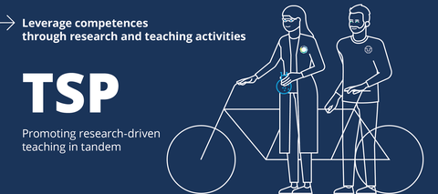Dark blue banner with white symbols: two people and a tandem bicycle. Text on the left: “Competence development through research and teaching activities. TSP. Researchers shape teaching in tandem.”
