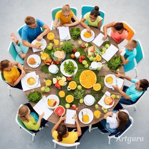 A circle of people is sitting around a round table set with various fresh fruits, vegetables and juice drinks. The people are wearing colorful clothes and seem to be engrossed in a lively discussion.