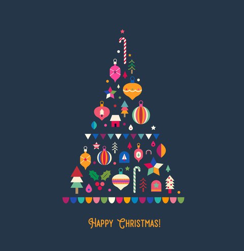 A stylized, minimalist Christmas tree graphic on a dark blue background. The tree is composed of colorful ornaments, small houses, stars, candies, and other festive elements. Below, the text "Happy Christmas!" is written in a playful orange font.