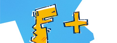 In der Mitte befindet sich ein gelber Dinosaurier mit kurzen Armen im Profil mit Blick nach rechts. Rechts daneben befindet sich im gleichen Gelbton ein Plus-Symbol.