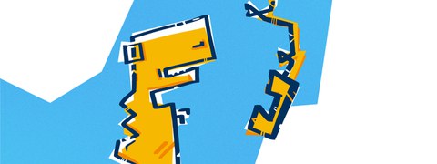 In der Mitte befindet sich ein gelber Dinosaurier mit kurzen Armen im Profil mit Blick nach rechts. Rechts daneben befindet sich im gleichen Gelbton Telefonhörer, welche an einem Kabel von oben herunter hängt.