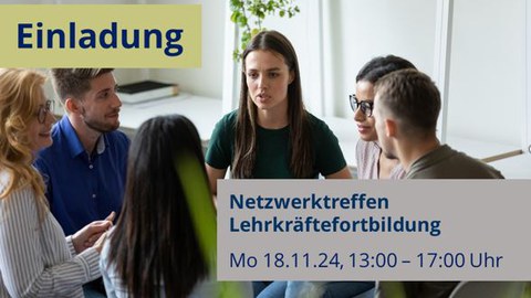 Das Bild zeigt fünf Personen, die im Kreis stehen und sich unterhalten. Es ist mit Einladung und dem Titel der Veranstaltung ausgezeichnet.
