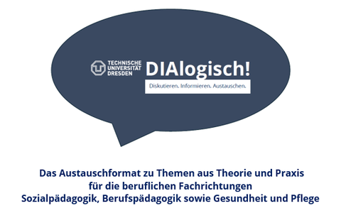 Eine blaue Sprechblase mit dem Text "DIAlogisch! Diskutieren. Informieren. Austauschen" und dem Untertitel "Das Austauschformat zu Themen aus Theorie und Praxis für die beruflichen Fachrichtungen Sozialpädagogik, Berufspädagogik, Gesundheit und Pflege"
