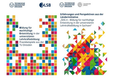 Auf dem Bild sind die Titelseiten der BNE-Handreichungen "BNE in der universitären Lehrkräftebildung: Praxisbeispiele aus der TU Dresden" sowie "BNE in der universitären Lehrkräftebildung in Sachsen" zu sehen.