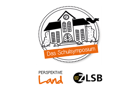 Das Bild zeigt eine Grafik mit einem Haus und der Unterschrift "Das Schulsymposium". Im unteren Teil des Bildes sieht man noch die Logos von "Perspektive Land" und dem ZLSB.
