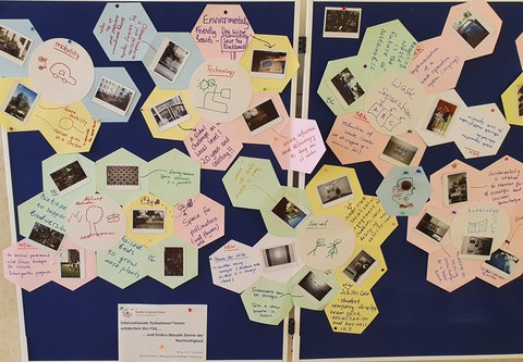 Display board with many moderation cards pinned to it.