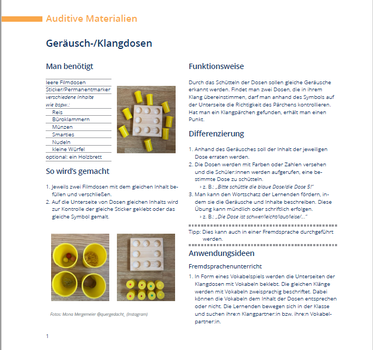 Abgebildet ist eine Beispielseite aus dem Angebotskatalog "Inklusion? Do it yourself! Materialvielfalt im inklusiven Unterricht"