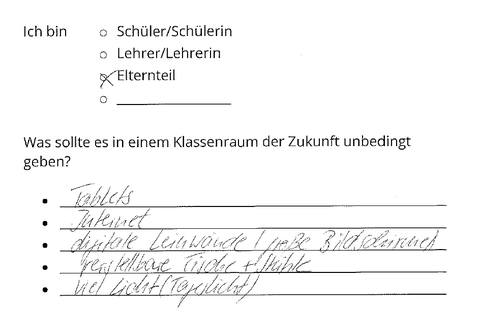 Eine von einem Elternteil ausgefüllte Umfrage zum Thema Wünsche für ein Klassenzimmer der Zukunft zeigt, dass er/sie sich Tablets, Internet, digitale Leinwände bzw. große Bildschirme, verstellbare Tische und Stühle sowie viel Licht wünscht.