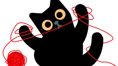 Grafik einer schwarzen Katze, die mit einem roten Faden spielt und sich darin verheddert hat