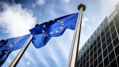 Das Foto zeigt die europäischen Flaggen vor einem Gebäude.